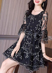 Boutique Black Ruffled Embroidered Patchwork Tulle Dresses Fall