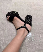 Boutique Black Sandals Chunky Heel Splicing Peep Toe Letter Zircon