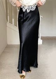 Boutique Black Side Open Solid High Waist Silk Maxi Skirts Fall