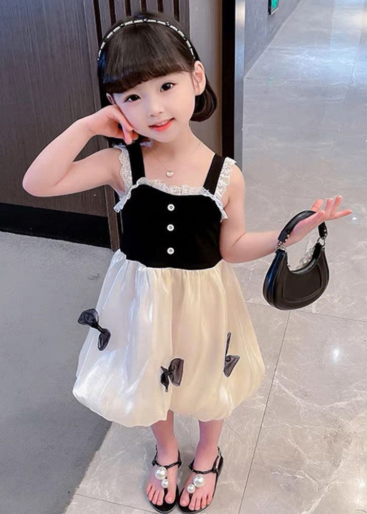 Boutique Black Square Collar Lace Patchwork Bow Silk Girls Vacation Slip Mid Dress Summer