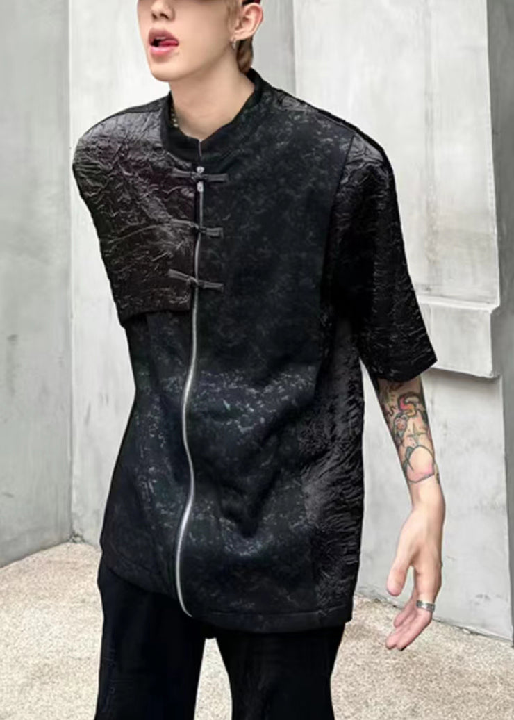 Boutique Black Stand Collar Chinese Button Cotton Men Shirts Summer