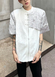 Boutique Black Stand Collar Chinese Button Cotton Men Shirts Summer