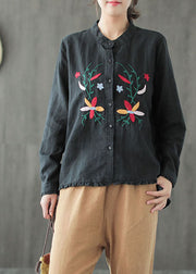 Boutique Black Stand Collar Embroideried Ruffled Low High Design Linen Shirt Long Sleeve