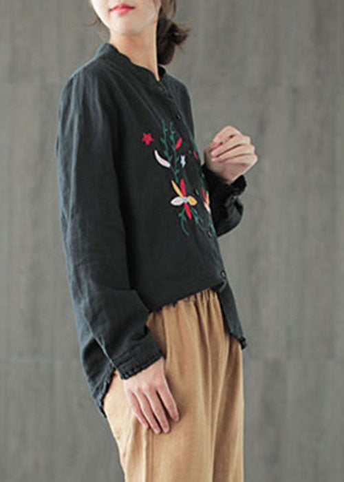 Boutique Black Stand Collar Embroideried Ruffled Low High Design Linen Shirt Long Sleeve