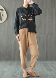 Boutique Black Stand Collar Embroideried Ruffled Low High Design Linen Shirt Long Sleeve