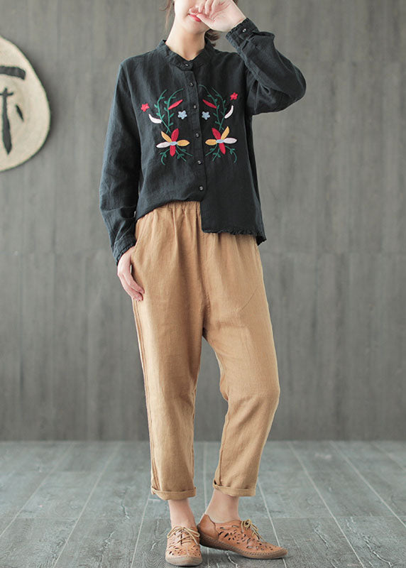 Boutique Black Stand Collar Embroideried Ruffled Low High Design Linen Shirt Long Sleeve