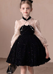 Boutique Black Stand Collar Lace Patchwork Kids Party Mid Dress Fall