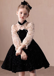 Boutique Black Stand Collar Lace Patchwork Kids Party Mid Dress Fall