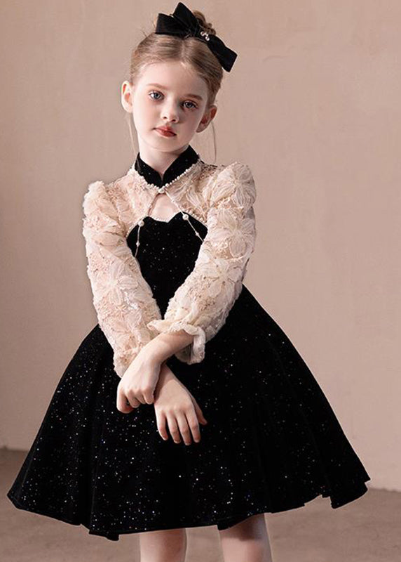 Boutique Black Stand Collar Lace Patchwork Kids Party Mid Dress Spring