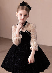 Boutique Black Stand Collar Lace Patchwork Kids Party Mid Dress Spring