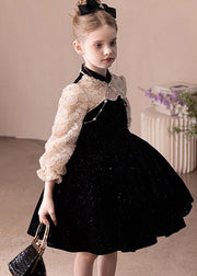 Boutique Black Stand Collar Lace Patchwork Kids Party Mid Dress Spring