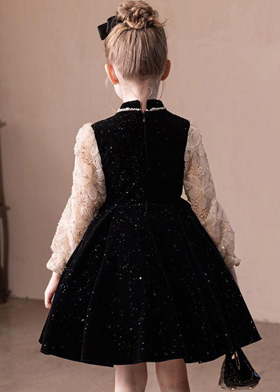 Boutique Black Stand Collar Lace Patchwork Kids Party Mid Dress Spring