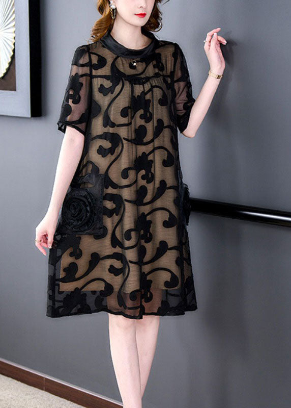 Boutique Black Stand Collar Pockets Floral Patchwork Silk Mid Dresses Summer