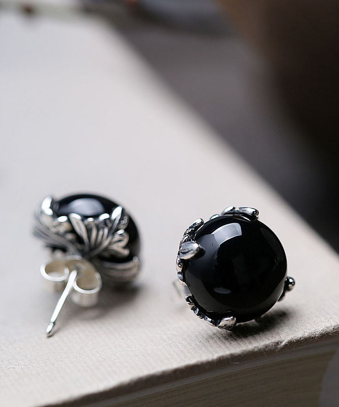 Boutique Black Sterling Silver Agate Stud Earrings