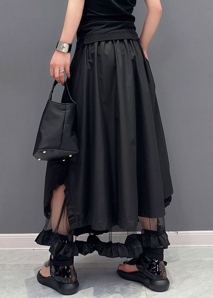 Boutique Black Tulle Ruffled Pockets Patchwork Cotton Skirts Summer