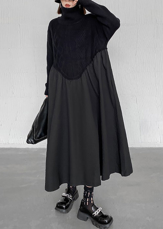 Boutique Black Turtleneck Patchwork Wrinkled Knit Maxi Dresses Winter