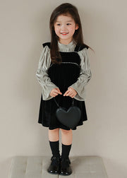 Boutique Black Turtleneck Wrinkled Velour Girls Two Pieces Set Flare Sleeve