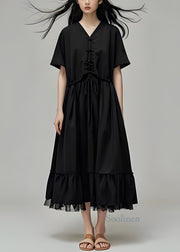 Boutique Black V Neck Drawstring Patchwork Cotton Long Dress Summer