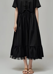 Boutique Black V Neck Drawstring Patchwork Cotton Long Dress Summer