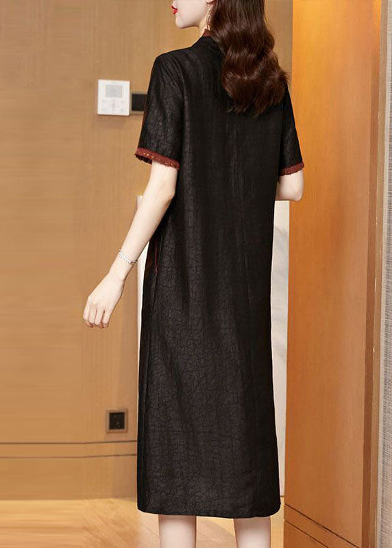 Boutique Black V Neck Embroideried Patchwork Silk Dresses Summer