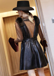 Boutique Black V Neck Fox collar Slim Fit Sheepskin Dress Sleeveless