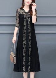 Boutique Black V Neck Lace Patchwork Silk A Line Dresses Half Sleeve