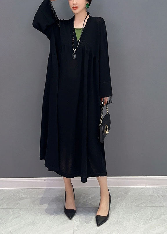 Boutique Black V Neck Patchwork Knit Maxi Dresses Spring