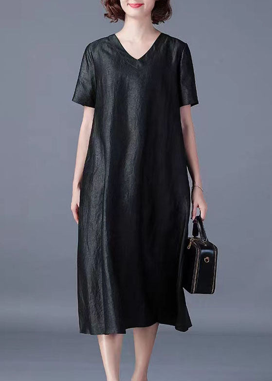 Boutique Black V Neck Pockets Patchwork Loose Silk Dress Summer