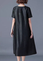 Boutique Black V Neck Pockets Patchwork Loose Silk Dress Summer