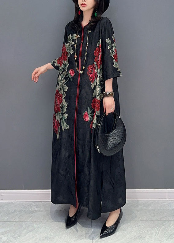 Boutique Black V Neck Print Button Patchwork Silk Long Dress Summer