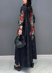 Boutique Black V Neck Print Button Patchwork Silk Long Dress Summer