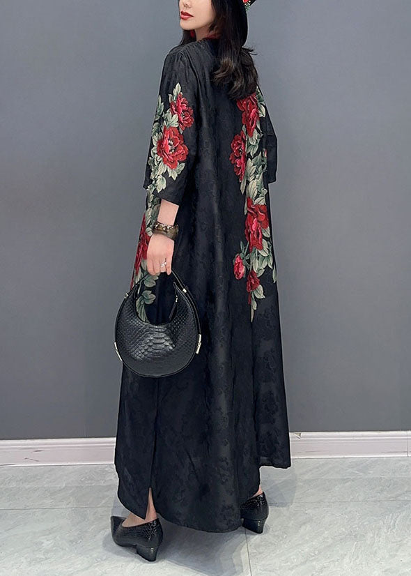 Boutique Black V Neck Print Button Patchwork Silk Long Dress Summer