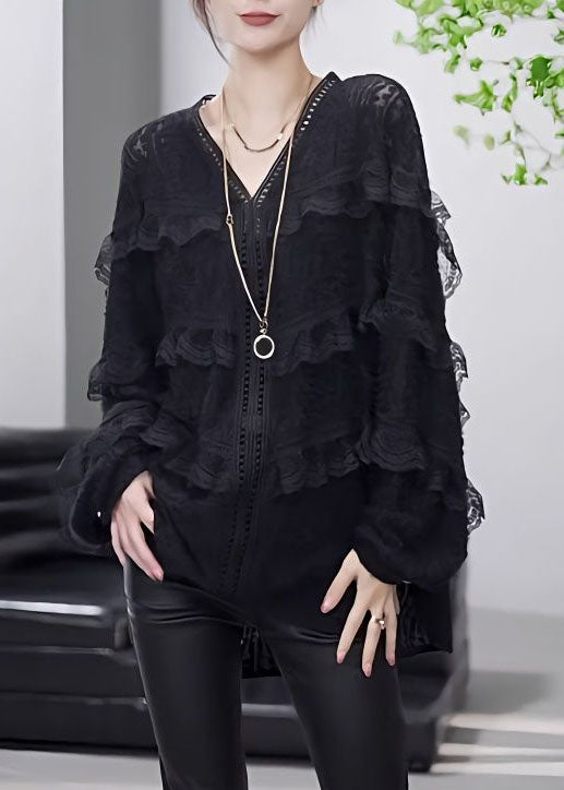 Boutique Black V Neck Ruffled Patchwork Lace Top Spring