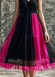 Boutique Black V Neck Tulle Patchwork Cotton Holiday Dresses Summer