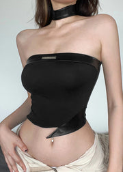 Boutique Black asymmetrical Faux Leather Patchwor Backless Top Summer