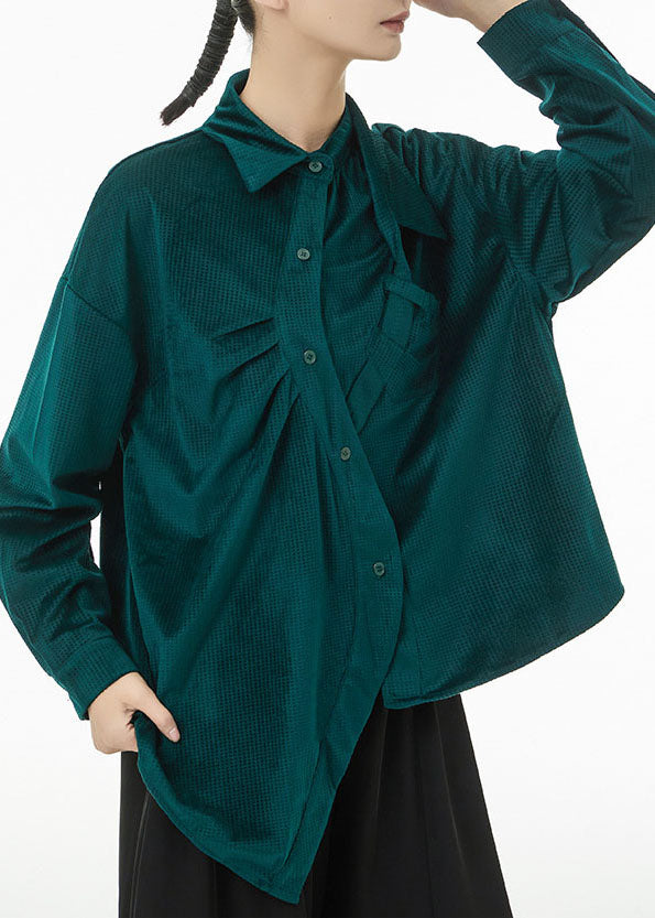 Boutique Blackish Green Asymmetrical Wrinkled Silk Velour Shirts Spring