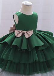 Boutique Blackish Green O-Neck Patchwork Bow Tulle Kids Maxi Dress Summer