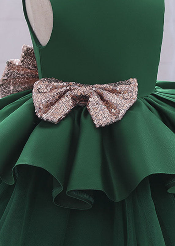 Boutique Blackish Green O-Neck Patchwork Bow Tulle Kids Maxi Dress Summer