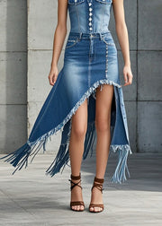 Boutique Blue Asymmetrical Design Tasseled Denim Skirt Spring