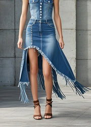 Boutique Blue Asymmetrical Design Tasseled Denim Skirt Spring