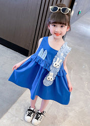 Boutique Blue Asymmetrical Patchwork Ruffled Kids Vacation Mid Dress Sleeveless