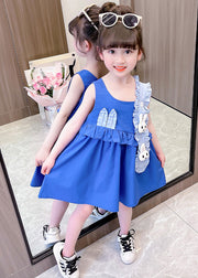 Boutique Blue Asymmetrical Patchwork Ruffled Kids Vacation Mid Dress Sleeveless