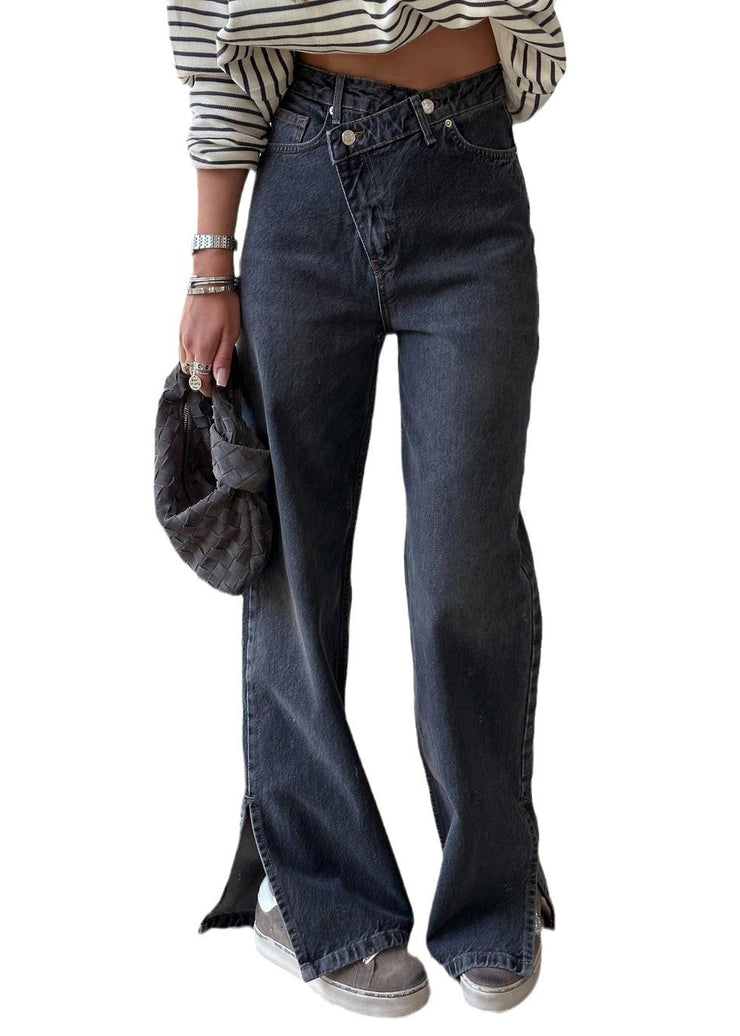 Boutique Blue Asymmetrical Pockets Denim Flared Trousers Spring