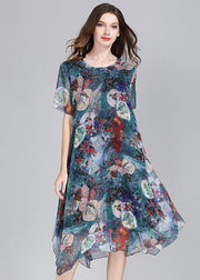 Boutique Blue Asymmetrical Print Patchwork Chiffon Mid Dress Summer