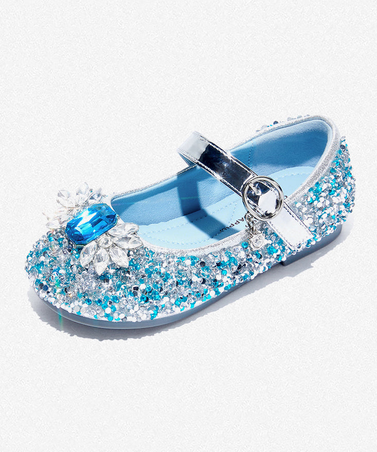 Boutique Blue Buckle Strap Kids Girls Zircon Princess Shoes