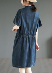 Boutique Blue Button Drawstring Pockets Patchwork Denim Mid Dress Summer