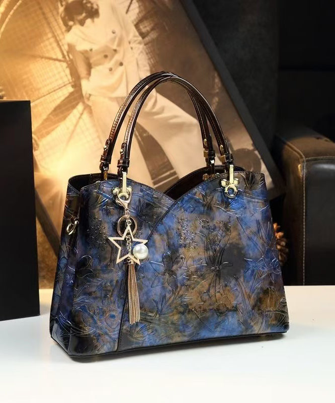 Boutique Blue Embossed Durable Calf Leather Tote Handbag