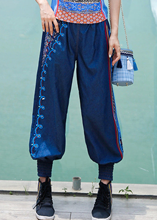 Boutique Blue Embroideried Elastic Waist Cotton Denim Harem Pants Spring