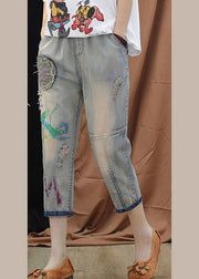 Boutique Blue Embroidered Patchwork Elastic Waist Crop Jeans