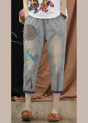 Boutique Blue Embroidered Patchwork Elastic Waist Crop Jeans